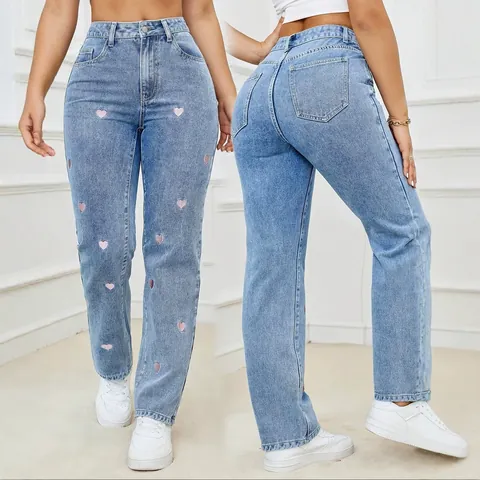 Jeans Ricamati a Cuore da Donna in Misto Cotone Denim a Vita Alta Dritti Casual Dolce Streetwear Blu Denim