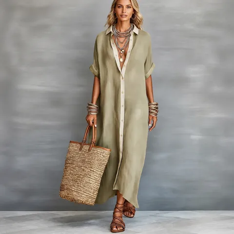 Women Casual Cotton Linen Maxi Shirt Dress Loose Contrast Color Patchwork Short Sleeve Button Down Oversized Kaftan Dress