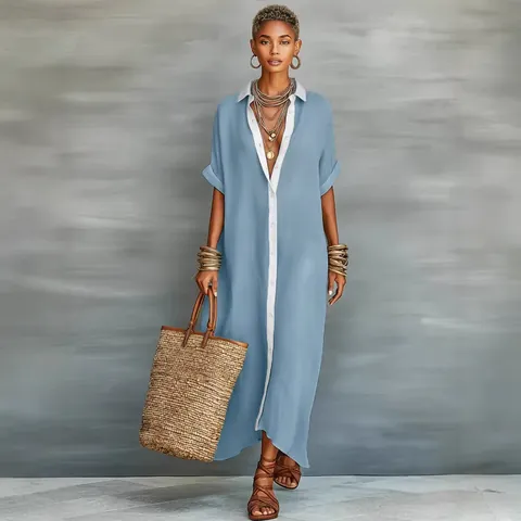 Women Casual Cotton Linen Maxi Shirt Dress Loose Contrast Color Patchwork Short Sleeve Button Down Oversized Kaftan Dress