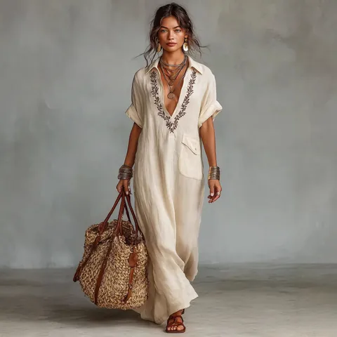 Women Cotton Linen Embroidered Maxi Dress Casual Lapel V Neck Loose Bohemian Dress With Pockets Short Sleeve Summer Top