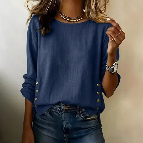 Women Casual Polyester Spandex Round Neck Long Sleeve T-Shirt Loose Fit Side Button Decor Top Comfortable Breathable Tee