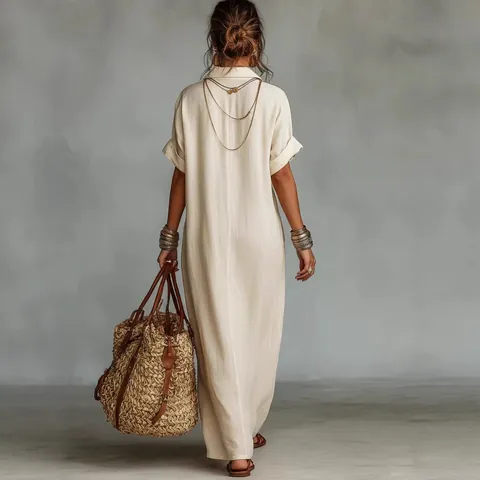 Women Cotton Linen Embroidered Maxi Dress Casual Lapel V Neck Loose Bohemian Dress With Pockets Short Sleeve Summer Top