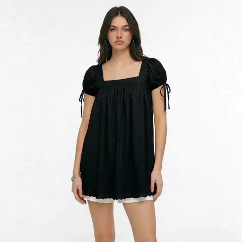Women Casual Square Neck Ruffle Hem Blouse Puff Short Sleeve Bow Tie Cuff Solid Color Polyester Top