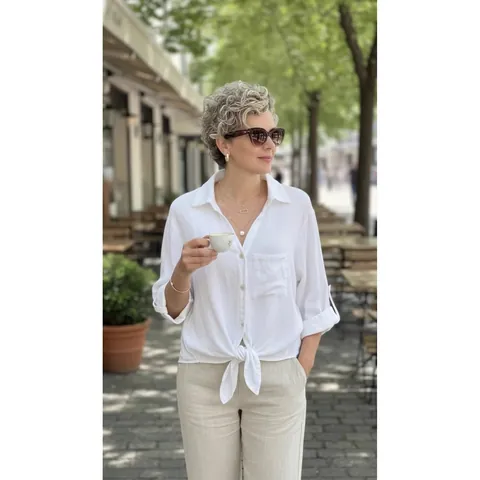 Women Casual V Neck Button Down Shirt Lace Patchwork Backless Tie Front Long Sleeve Blouse Solid Color Fashion Top