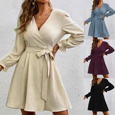 Women V Neck Lantern Sleeve Wrap Dress Solid Color Tie Waist A-Line Textured Casual Elegant Party Midi Dress Polyester