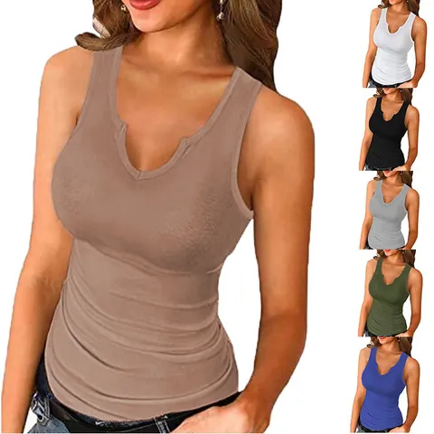 Women's Sexy Notch Neck Ribbed Knit Tank Top Solid Color Sleeveless Slim Fit Summer Racerback Top Casual Vest For Women