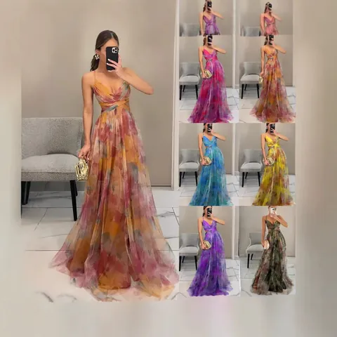Women Sexy Deep V Neck Mesh Floral Print Cami Maxi Dress Elegant Sleeveless Cut Out A-Line Backless Long Vacation Dress