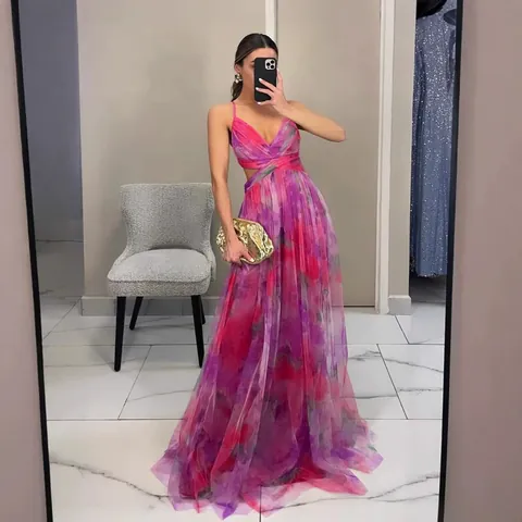 Women Sexy Deep V Neck Mesh Floral Print Cami Maxi Dress Elegant Sleeveless Cut Out A-Line Backless Long Vacation Dress
