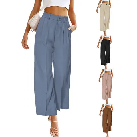 Pantalones de Vestir de Cintura Alta y Pierna Ancha para Mujer con Bolsillos Pantalones de Oficina Casuales Rectos de Poliéster para Mujer Moda de Otoño Primavera