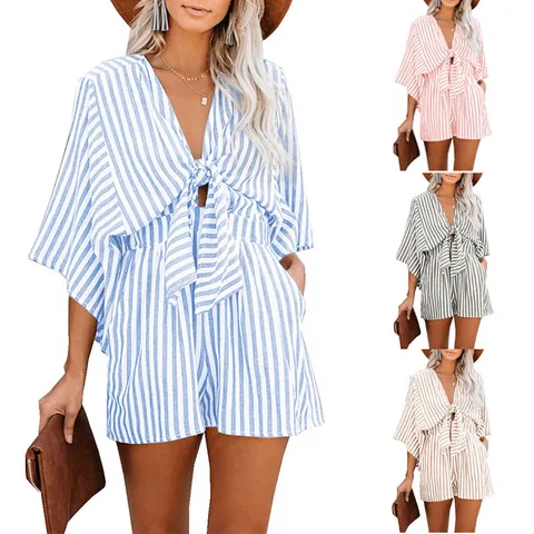 Summer Women Striped Deep V-Neck Romper With Flare Sleeve Bow Tie Elastic Waist Loose Vacation Casual Short Jumpsuit