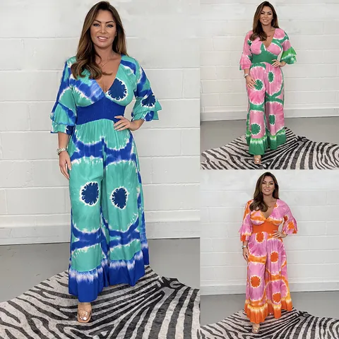 Women Plus Size Tie Dye Print Jumpsuit Flare Sleeve V Neck Wide Leg Boho Romper Summer Vacation Casual Overalls Top And Bottom