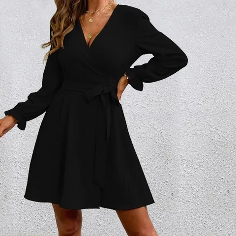 Women V Neck Lantern Sleeve Wrap Dress Solid Color Tie Waist A-Line Textured Casual Elegant Party Midi Dress Polyester