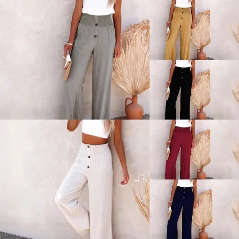Pantalon Large Décontracté en Coton et Lin pour Femmes Taille Haute Smockée Boutons Décoratifs Pantalon Palazzo Ample de Plage