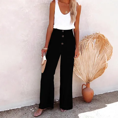 Pantalon Large Décontracté en Coton et Lin pour Femmes Taille Haute Smockée Boutons Décoratifs Pantalon Palazzo Ample de Plage
