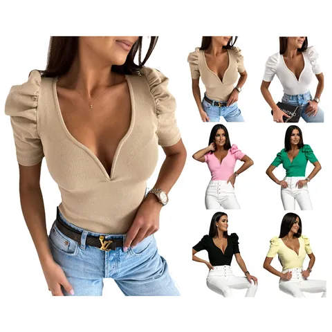 Women Elegant V-Neck Puff Sleeve Short Sleeve Top Ribbed Knit Slim Fit Blouse Solid Color Casual Fashion Commuter Shirt Top
