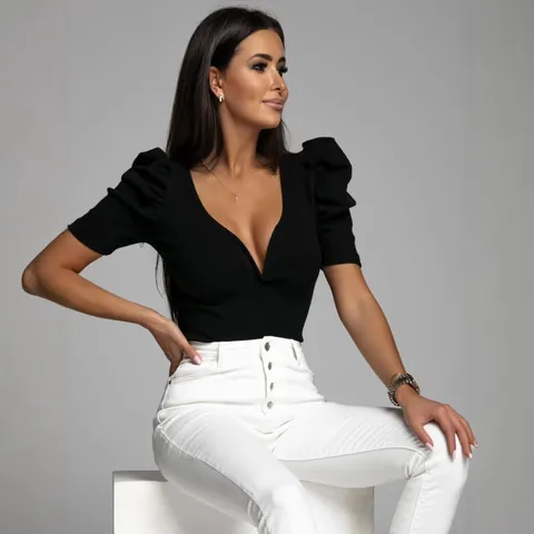 Women Elegant V-Neck Puff Sleeve Short Sleeve Top Ribbed Knit Slim Fit Blouse Solid Color Casual Fashion Commuter Shirt Top