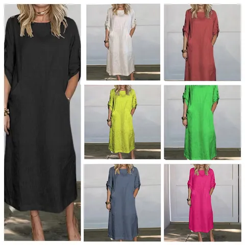 Women Casual Cotton Linen Maxi Dress Solid Color Short Sleeve Round Neck Loose Fit Summer Tunic Dress With Pockets