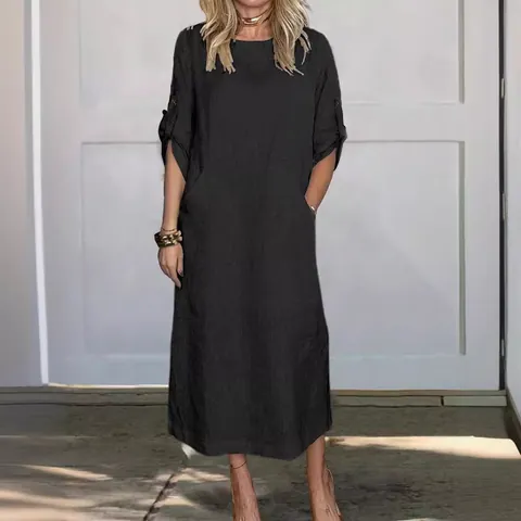 Women Casual Cotton Linen Maxi Dress Solid Color Short Sleeve Round Neck Loose Fit Summer Tunic Dress With Pockets
