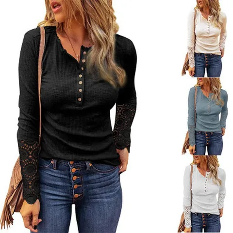 Women's Casual Cotton Ribbed T-Shirt Button Henley Round Neck Lace Crochet Patchwork Long Sleeve Top