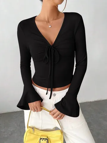Top Sexy de Mujer Cuello en V Mangas Acampanadas Lazada Delantera Punto Acanalado Manga Larga Color Sólido Camiseta Corta Streetwear
