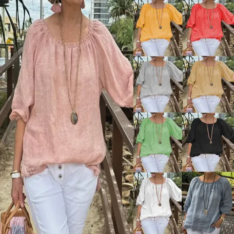 Women's Casual Cotton Linen Pullover Top Round Neck Half Sleeve Solid Color Loose Splicing Blouse Comfortable Summer Shirt