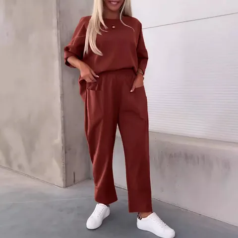 Women Casual Polyester Spandex Round Neck Long Sleeve Top And Bottom Matching Pocket Pants Solid Color Relaxed Loungewear Outfit
