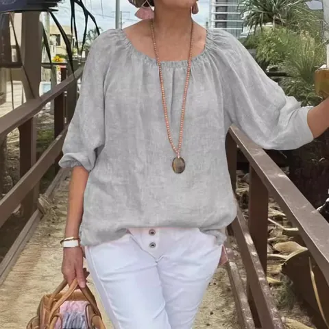 Women's Casual Cotton Linen Pullover Top Round Neck Half Sleeve Solid Color Loose Splicing Blouse Comfortable Summer Shirt