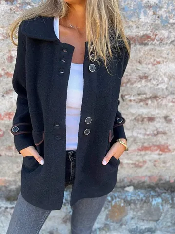 Women's Casual Polyester Lapel Single-Breasted Outerwear Solid Color Long Sleeve Mid-Length Autumn Winter Commuter Coat Top