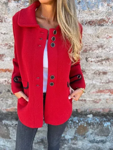 Women's Casual Polyester Lapel Single-Breasted Outerwear Solid Color Long Sleeve Mid-Length Autumn Winter Commuter Coat Top