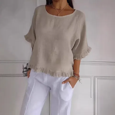 Γυναικείο Casual Βαμβακερό T-Shirt με Βολάν Καλοκαιρινό Χαλαρό Στρογγυλή Λαιμόκοψη Κοντό Μανίκι Μονόχρωμο Μόδα Ρούχα
