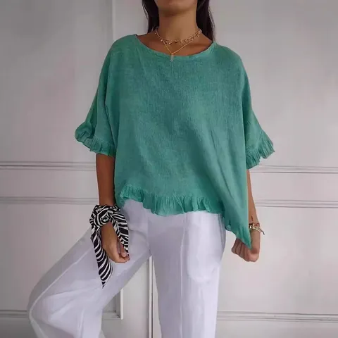 Γυναικείο Casual Βαμβακερό T-Shirt με Βολάν Καλοκαιρινό Χαλαρό Στρογγυλή Λαιμόκοψη Κοντό Μανίκι Μονόχρωμο Μόδα Ρούχα