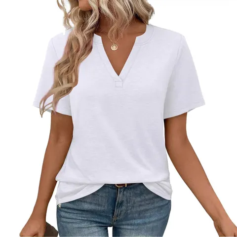 Women's Casual V-Neck Short Sleeve T-Shirt Solid Color Slim Fit Polyester Summer Top Basic Comfortable Daily Wear Tee