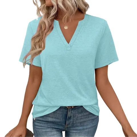 Women's Casual V-Neck Short Sleeve T-Shirt Solid Color Slim Fit Polyester Summer Top Basic Comfortable Daily Wear Tee