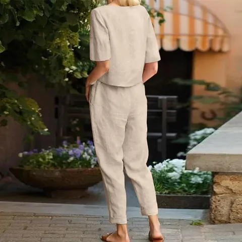 Conjunto de Dos Piezas Vintage de Poliéster para Mujer Casual Color Sólido Cuello Redondo Manga Corta Top Y Pantalones Anchos
