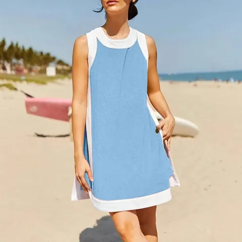Women Casual Color Block Sleeveless Round Neck Top And Bottom Summer Beach Shorts Polyester Spandex Outfit