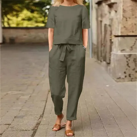 Completo Donna Casual Girocollo Manica a Metà Top e Pantaloni a Gamba Larga Vintage Largo Tinta Unita Poliestere Abbigliamento da Casa