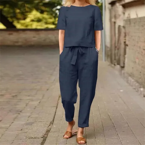 Completo Donna Casual Girocollo Manica a Metà Top e Pantaloni a Gamba Larga Vintage Largo Tinta Unita Poliestere Abbigliamento da Casa