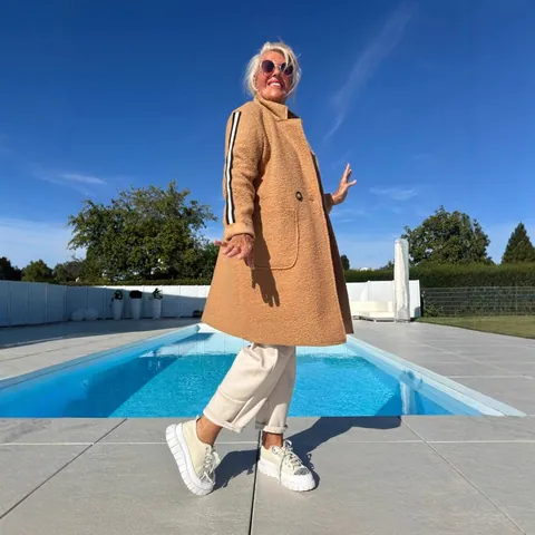 Cappotto Cardigan da Donna in Pile Sherpa Casual Media Lunghezza Patchwork Manica a Righe Giacca con Revers e Tasche Autunno Inverno