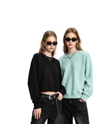 Women Cropped Crewneck Sweatshirt Solid Color Loose Fit Casual Long Sleeve Pullover Cotton Top For Women