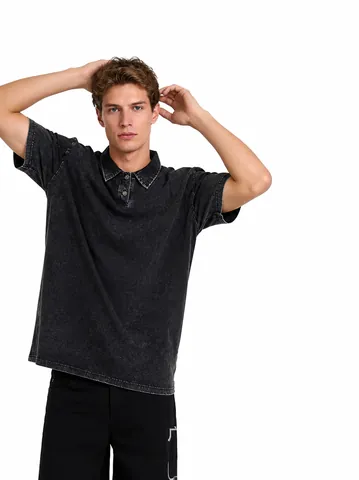 Vintage Washed Cotton Polo Shirt For Men American Casual Loose Lapel Short Sleeve T-Shirt Retro Heavyweight Solid Color Top