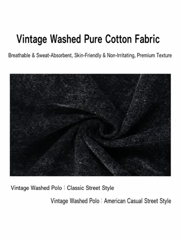 Vintage Washed Cotton Polo Shirt For Men American Casual Loose Lapel Short Sleeve T-Shirt Retro Heavyweight Solid Color Top