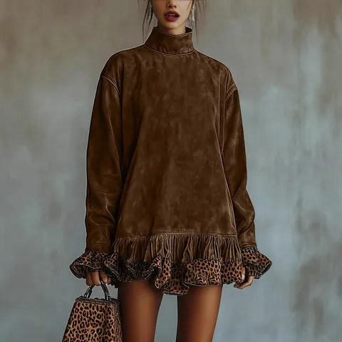 Women Fashion Casual High Neck Long Sleeve Leopard Print Patchwork Mini Dress Polyester Ruffle Trim Loose Shift Dress