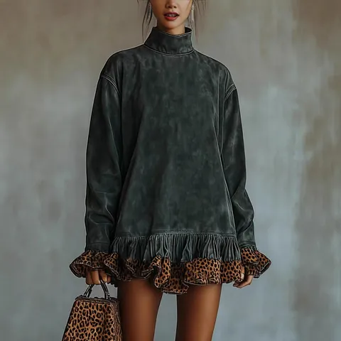 Women Fashion Casual High Neck Long Sleeve Leopard Print Patchwork Mini Dress Polyester Ruffle Trim Loose Shift Dress