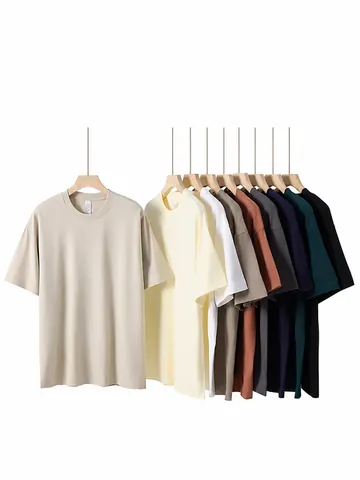 T-Shirt en Pur Coton Lourd Oversize Épaules Tombantes Manches Courtes Top Large Décontracté Streetwear Unisexe T-Shirt Basique Uni
