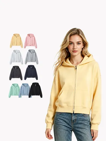 Women Cropped Zip Up Hoodie Heavy Cotton Blend Solid Color Long Sleeve Cardigan Slim Fit High Waist Hooded Top Outerwear