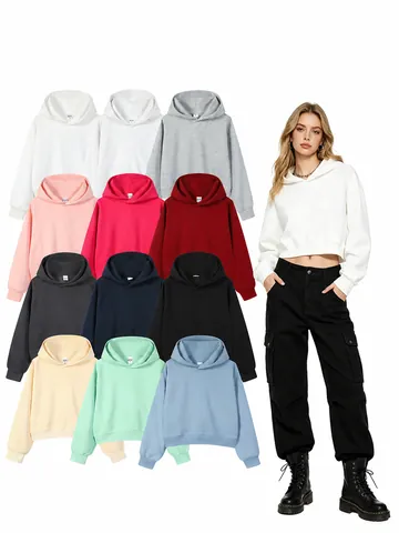 Women Casual Cotton Blend Crop Hoodie Long Sleeve Pullover High Waist Short Sweatshirt Solid Color Hooded Top Streetwear