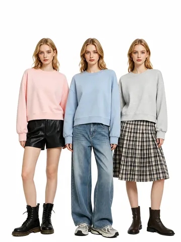 Women Cropped Crewneck Sweatshirt Solid Color Loose Fit Casual Long Sleeve Pullover Cotton Top For Women
