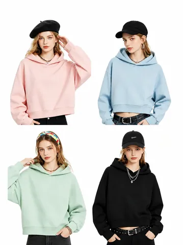 Women Casual Cotton Blend Crop Hoodie Long Sleeve Pullover High Waist Short Sweatshirt Solid Color Hooded Top Streetwear