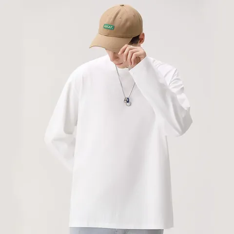 T-Shirt à Manches Longues en Coton Lourd pour Hommes Femmes Coupe Large Col Rond Couleur Unie Pull Top Automne Basic Tee