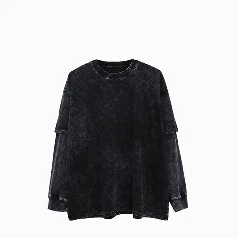 Men Heavyweight Cotton Long Sleeve T-Shirt Fake Two-Piece Vintage Acid Wash Oversized American High Street Casual Top